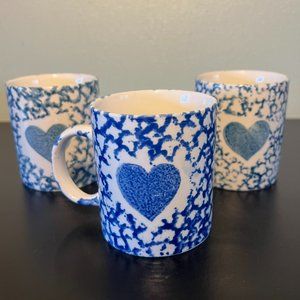 3 GIBSON Blue Heart Spongeware Mugs  ~ Cottagecore ~ Blue & White Sponge Ware